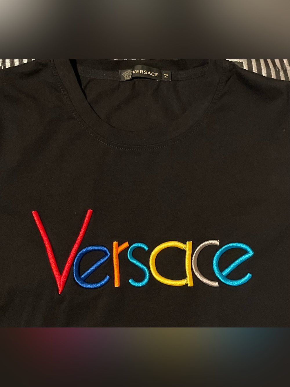 Versace Black Short Sleeve Tee with Multicolor Embroidered Logo - Picture 3 of 4
